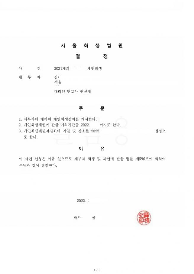 사업실패로 인한 오래된 채무. 총 채무의 91% 탕감