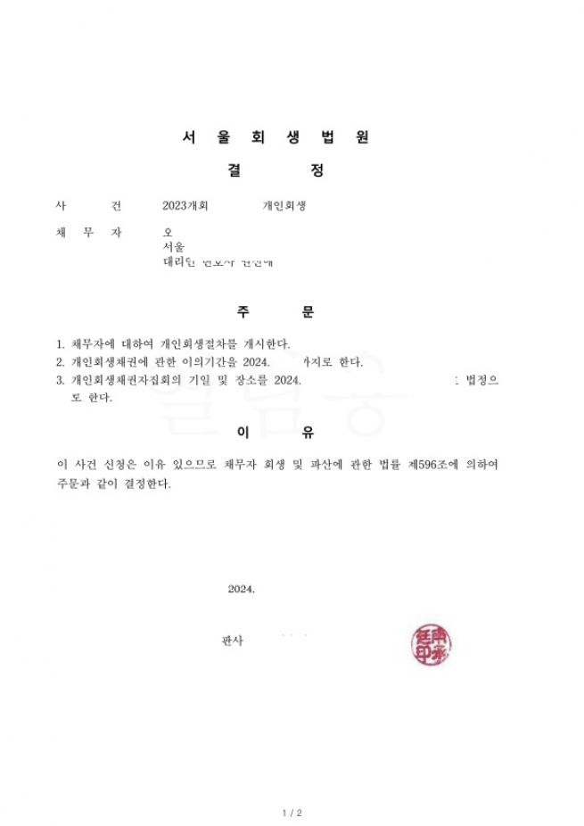자녀 교육비. 생활비등으로 인한 채무의 91% 탕감사례