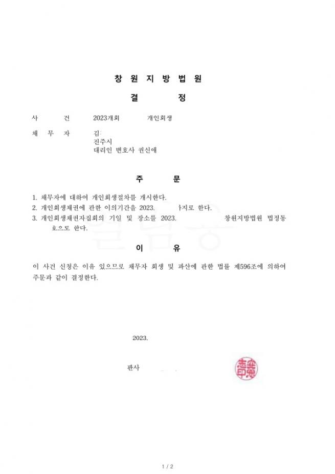 사업실패로 인한 채무 원금의 57% 탕감